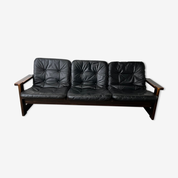 Sofa wood and black leather 60s