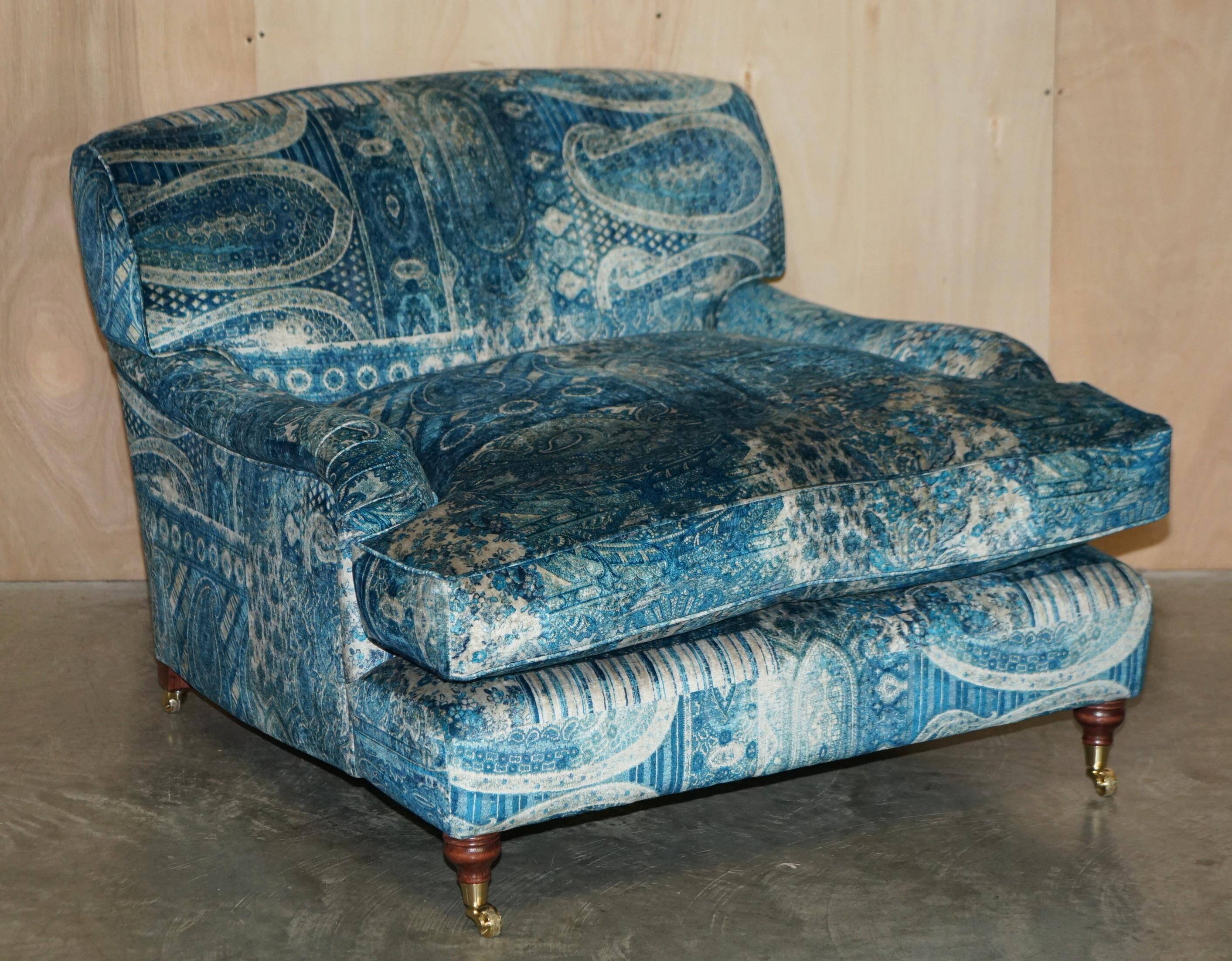 Pair of custom Howard love seat armchairs in Mulberry Lemond silk velvet.