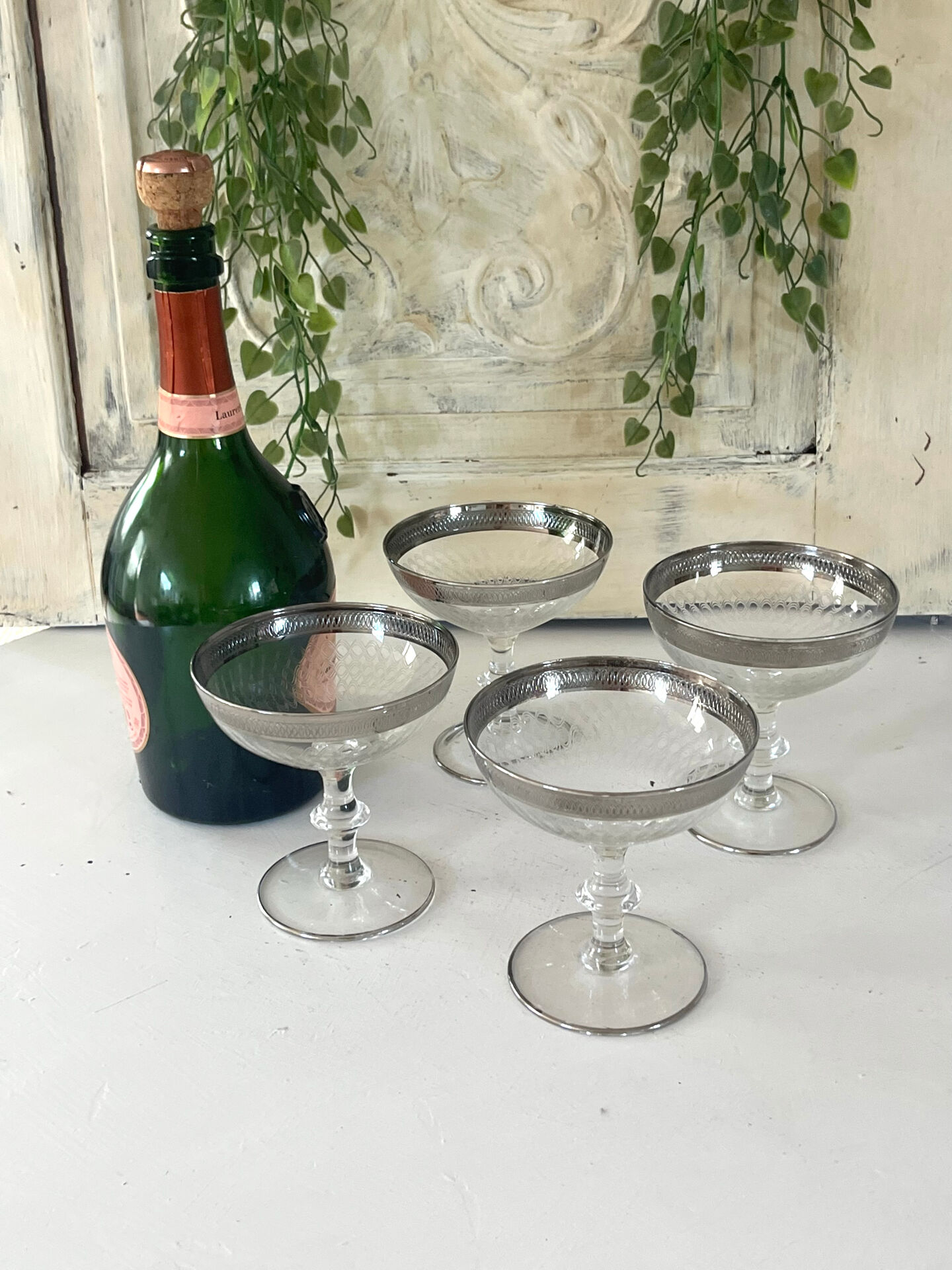 Etched silver rim cocktail coupe glasses set mid century barware