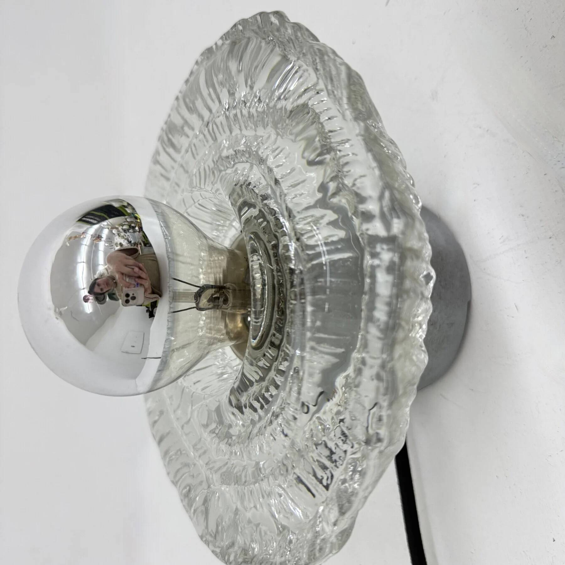 Thick structured ice glass wall light flush mount by Peill & Putzler, 1970s