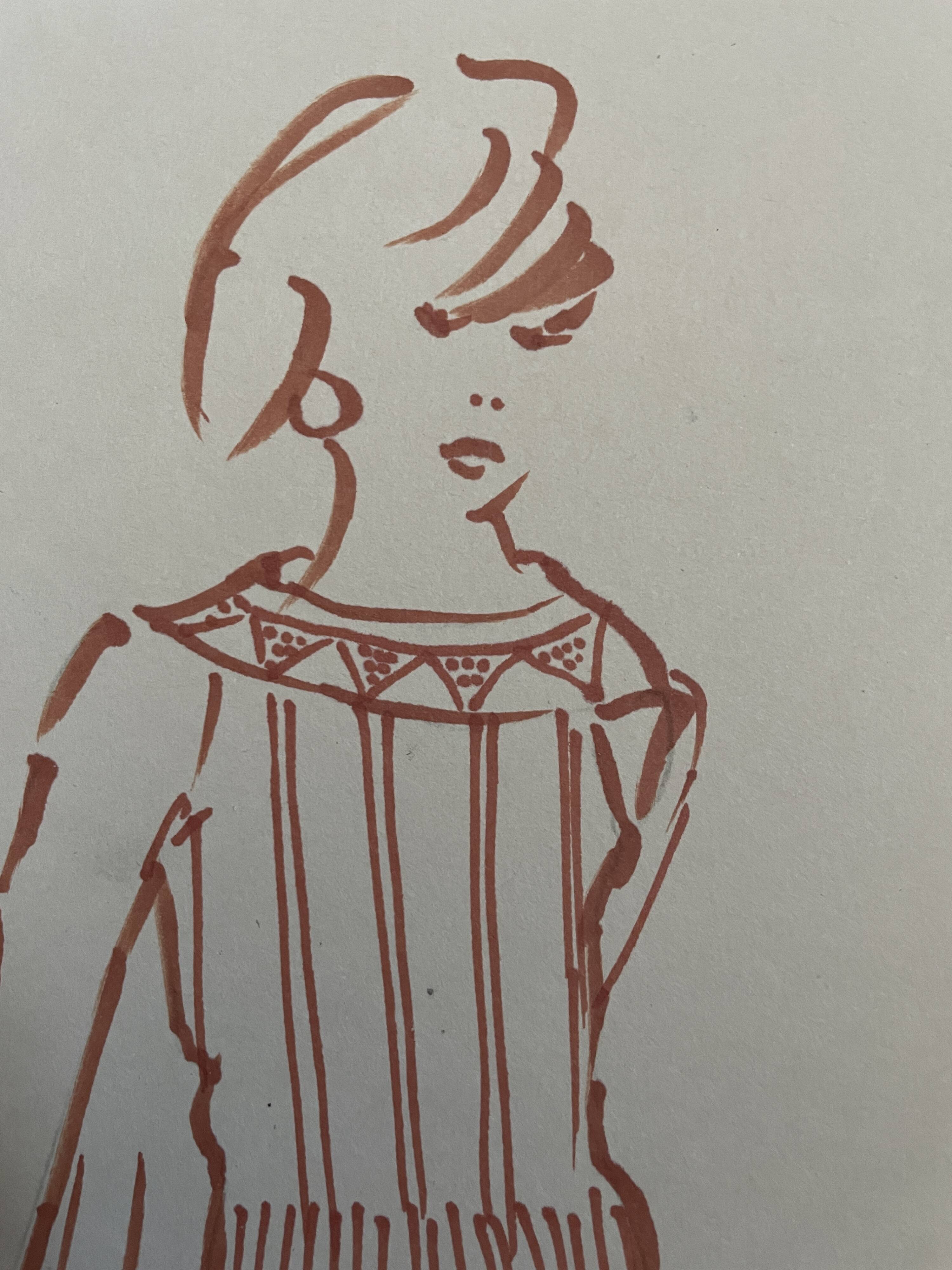 Painting signed in ink fashion engraving "study of a woman's sweater model"