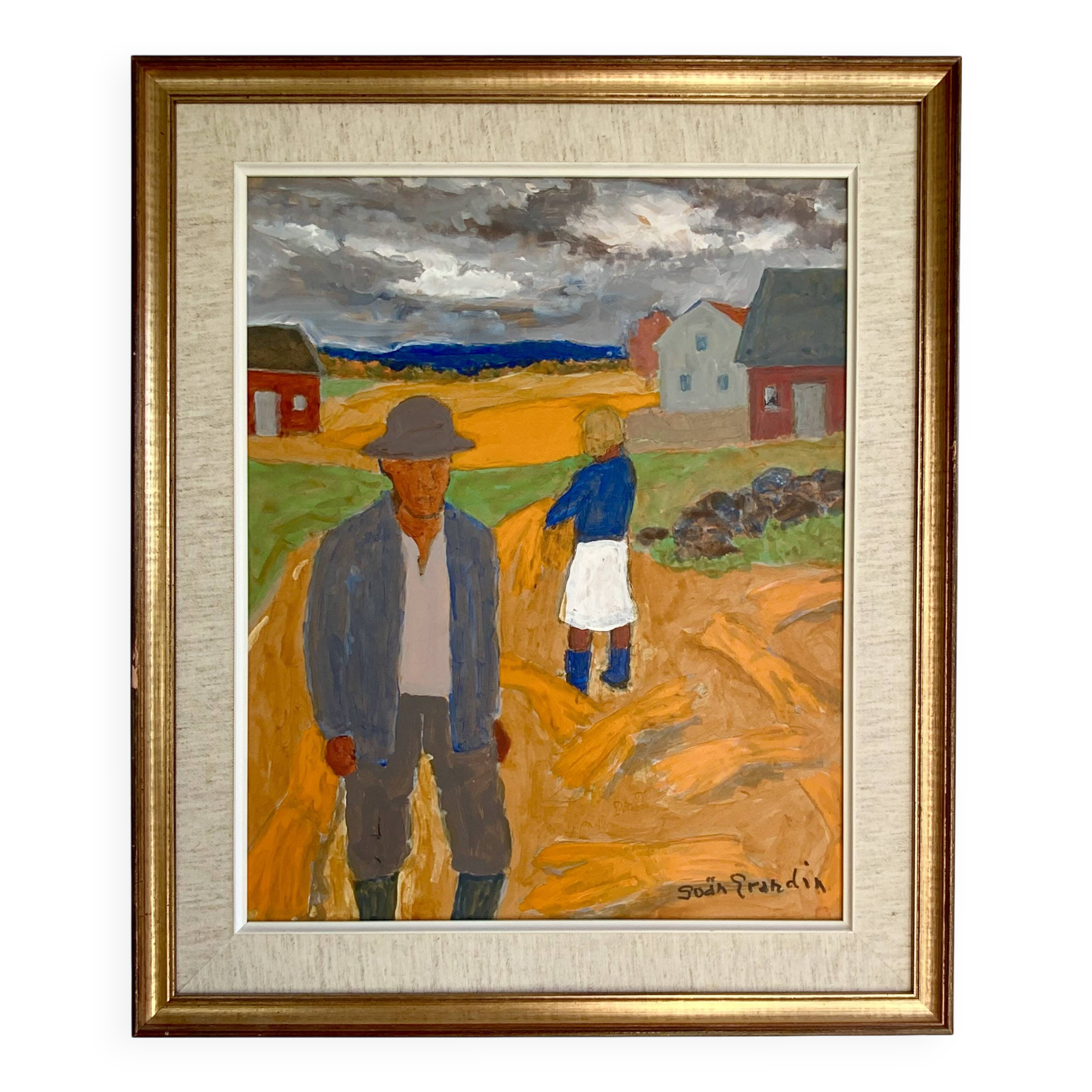 Vintage Oil Painting Harvesting Landscape  by Svan Grandin (1906- 1982)