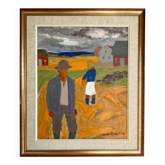 Peinture à l'huile vintage Paysage de récolte par Svan Grandin (1906- 1982)