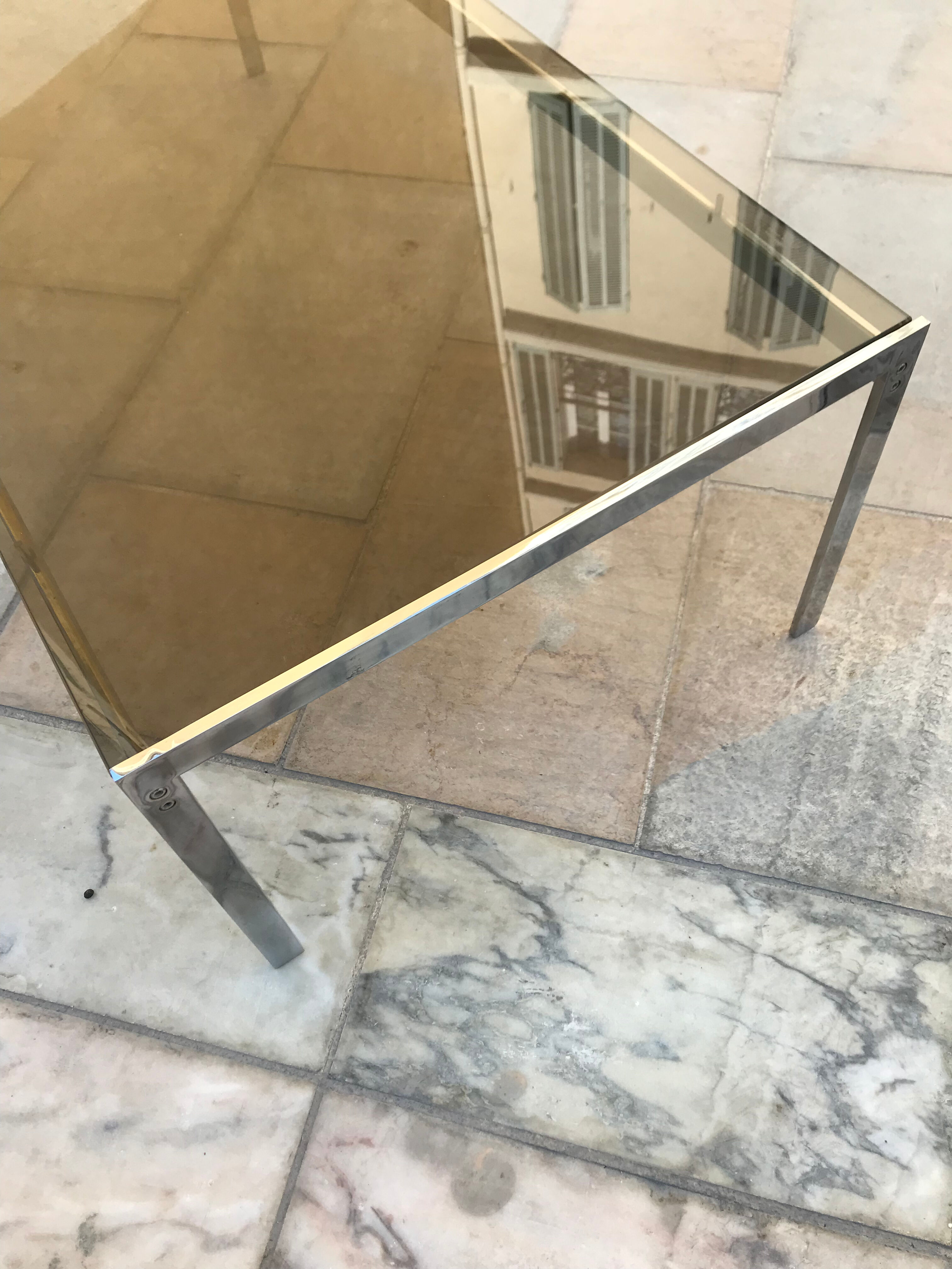 Table basse rectangulaire métal et verre St Gobain bleuté gris 1970