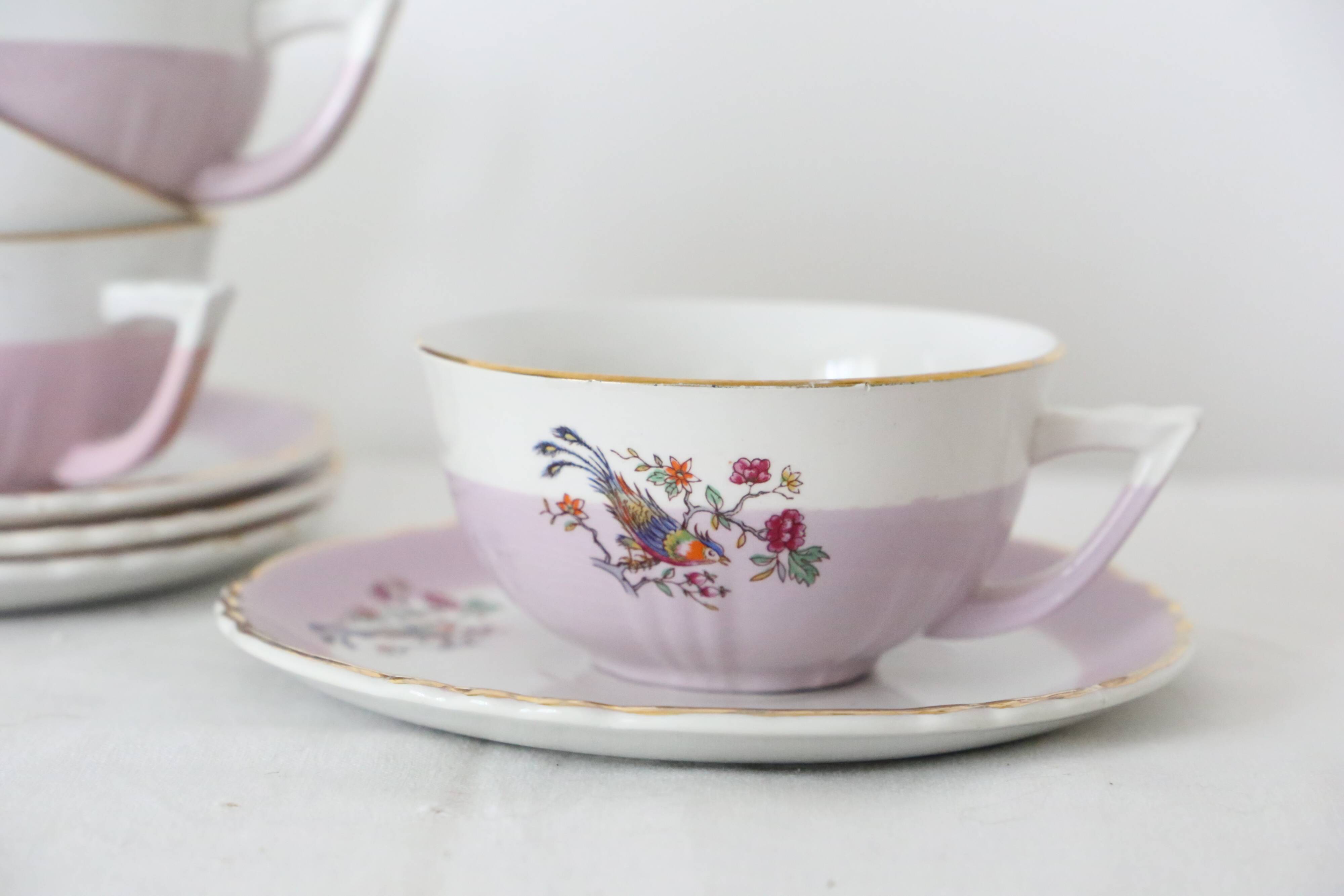 Set of 4 cups and sub-cups Moulin des Loups, vintage