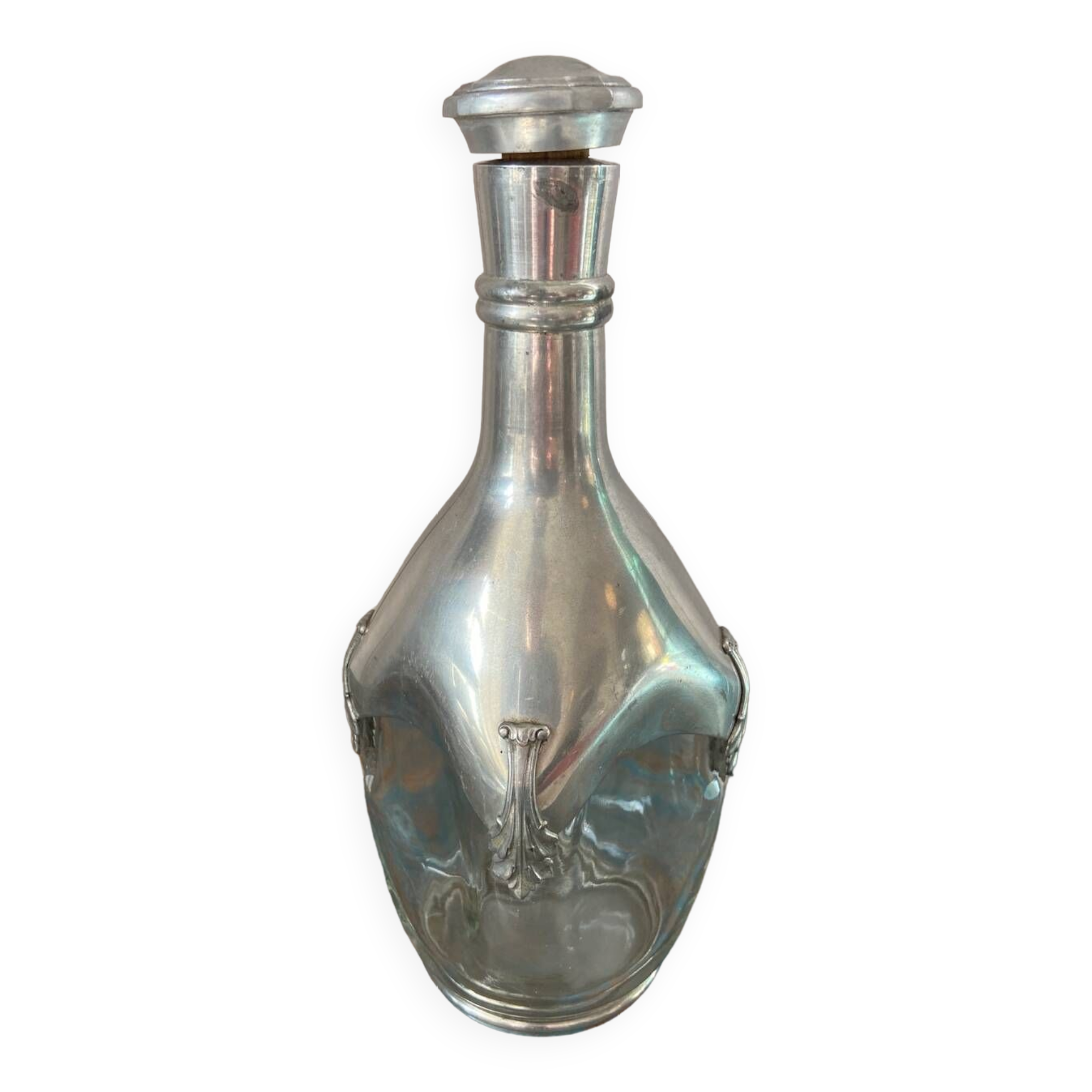 Glass and pewter whiskey decanter