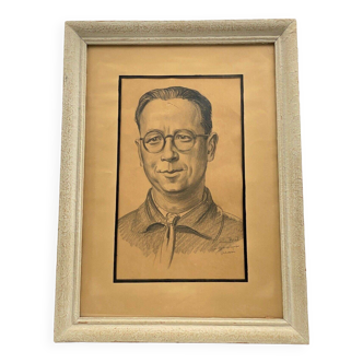Dessin portrait d'homme par Orean signature à identifier M. Le Breil vers 1950