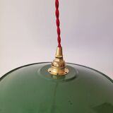 Trio of enameled sheet metal pendant lights