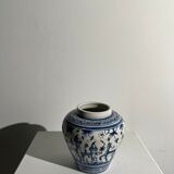 Blue and white Portuguese handmade vase with stylized pastoral pattern H:12,5cm