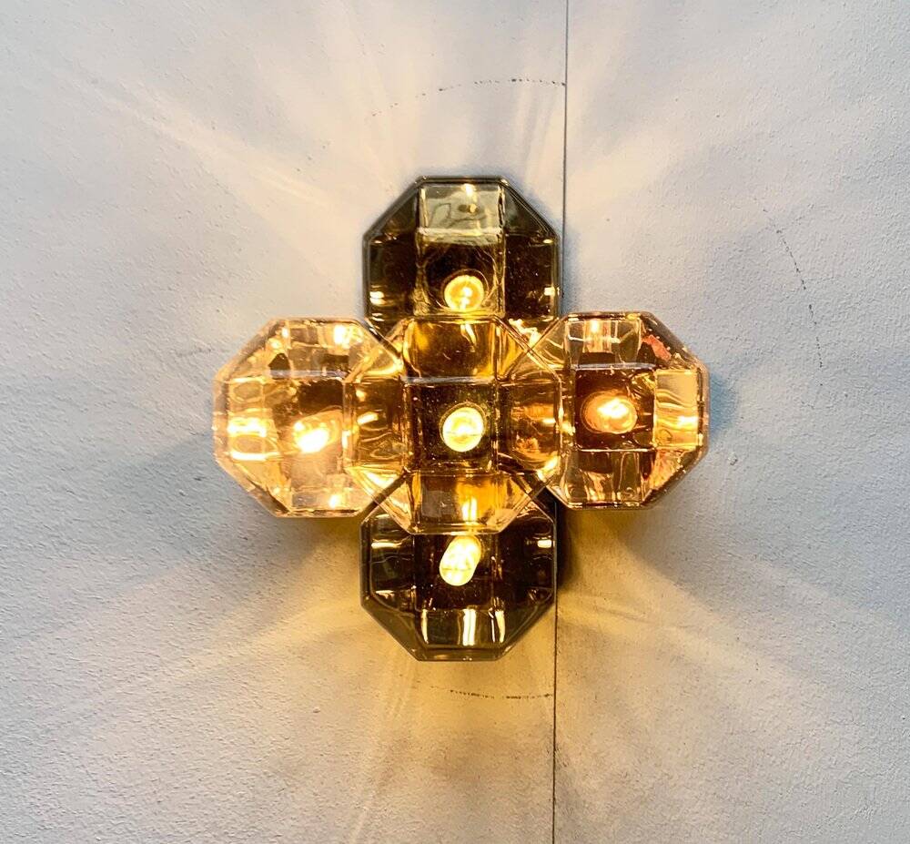 Vintage German wall or ceiling lamp from the space age in chrome and glass by Motoko Ishii for Staff, 1970s.