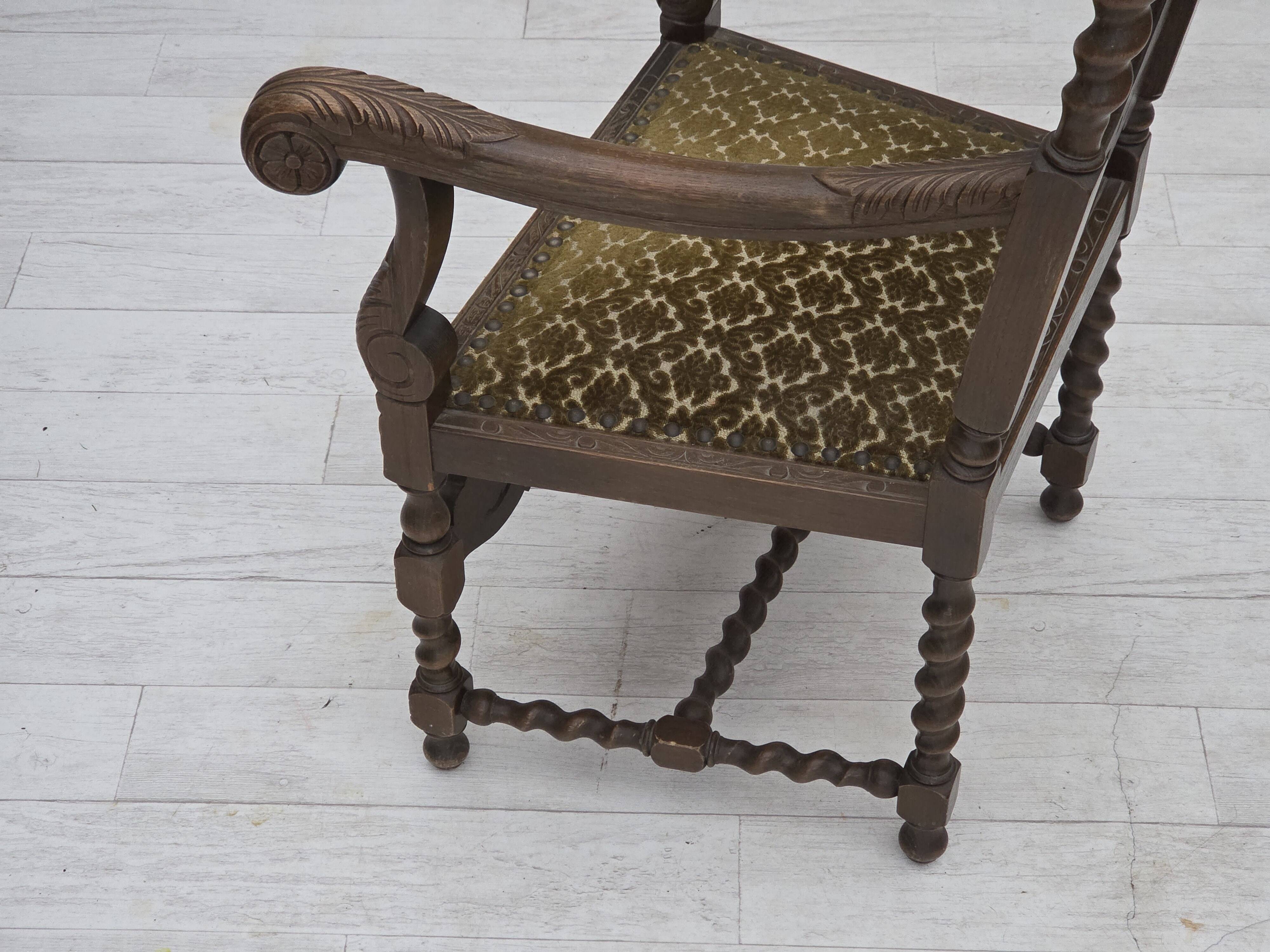 1930s, Danish highback armchair, furniture mesh, velour, carved oak wood.