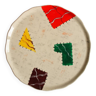 Large Longwy dish, hand-painted Harlequin model