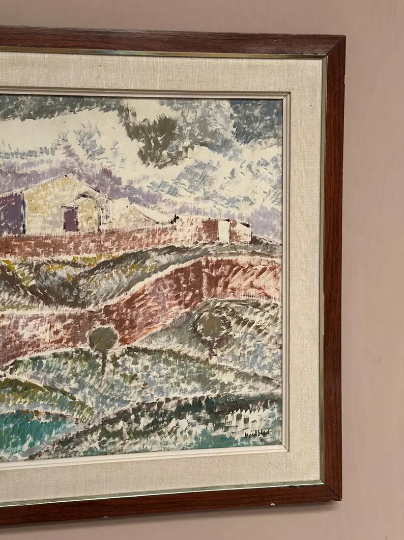 Original Swedish Oil on Canvas – "Landscape with Buildings" by Gösta Nordblad – Signed – Vintage and Framed