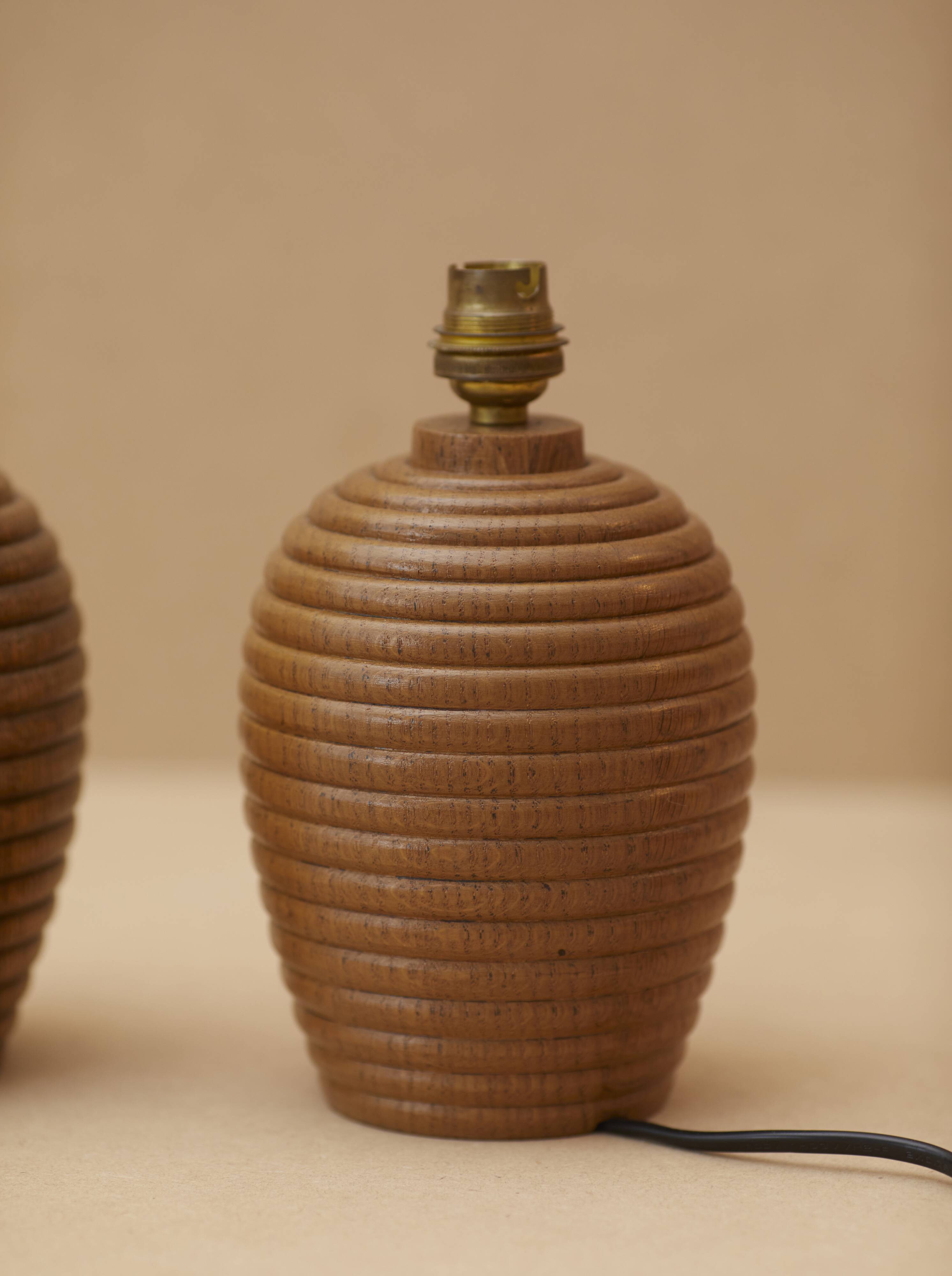 Pair of solid wood lamp bases (oak) turned vintage circa 1960