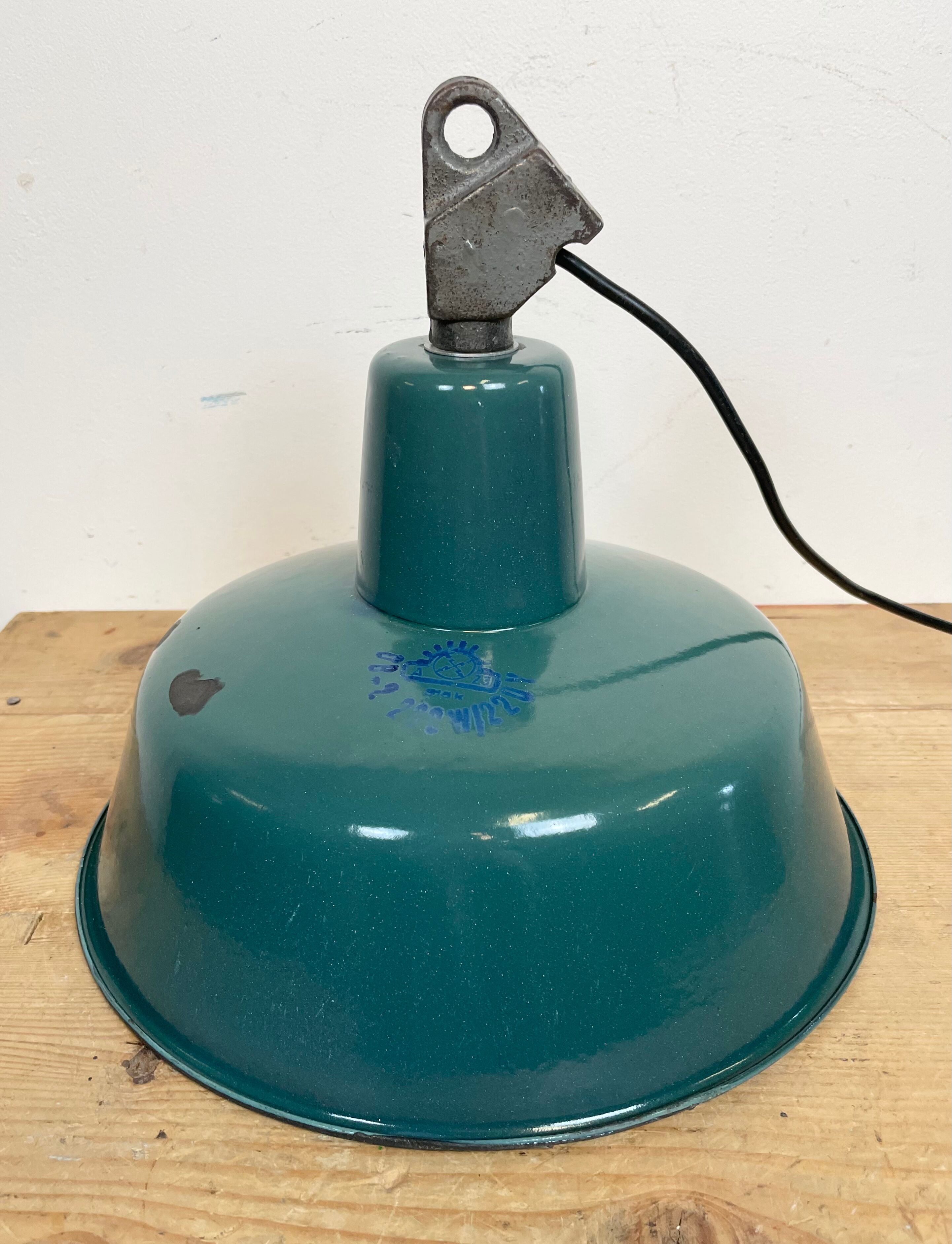 Industrial Green Enamel Factory Lamp with Cast Iron Top, 1960s