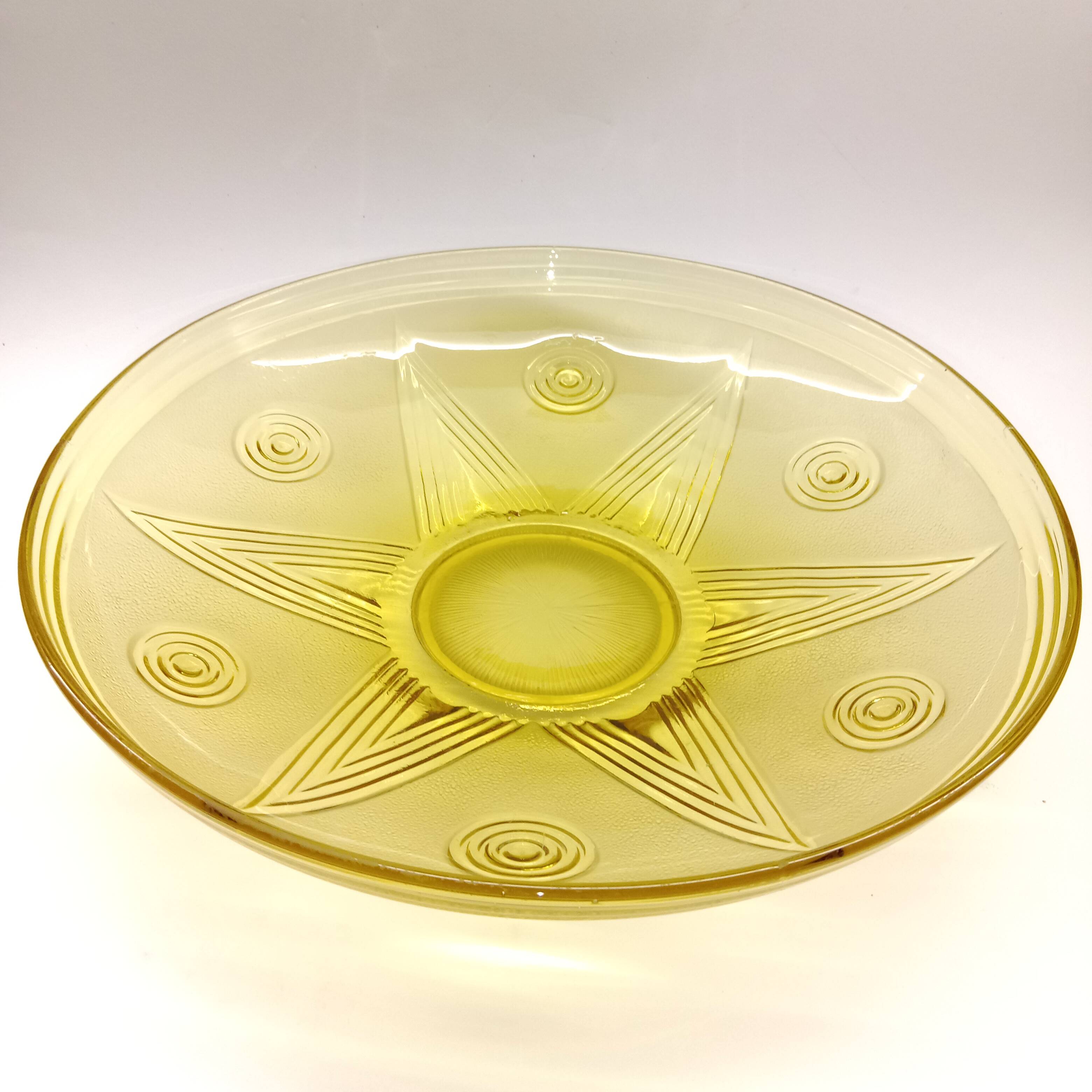Art Deco Pressed Molded Glass Bowl, Yellow, Star Decorated