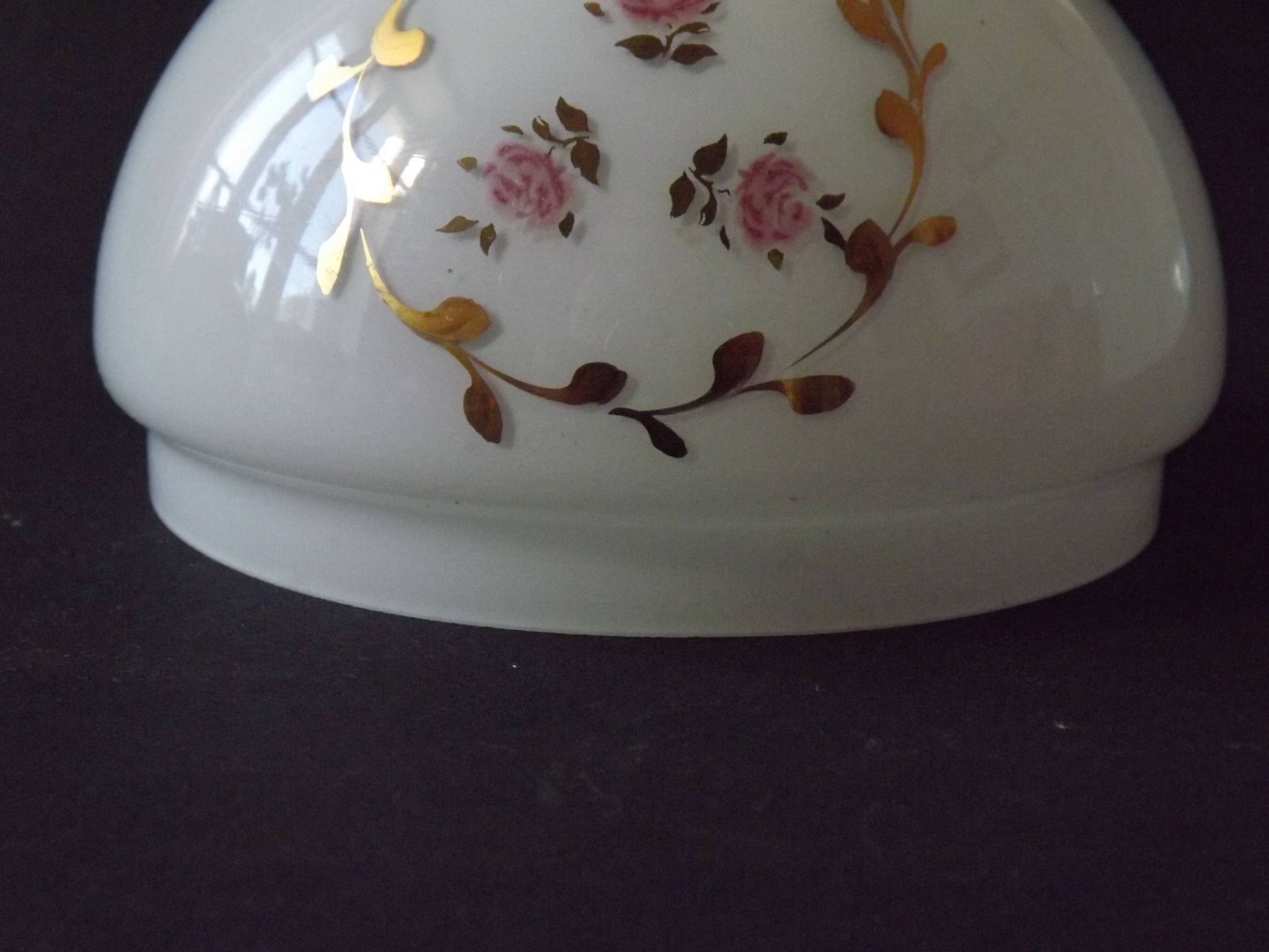Pair of Vintage White Milk Glass Lamp Shades With Pink Roses & Gold Foliage