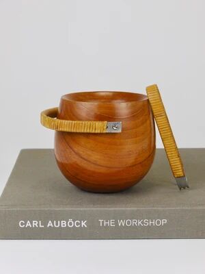 Carl Aubock sugar bowl & tongs, walnut, nickel, cane, no. 3536, 1940s
