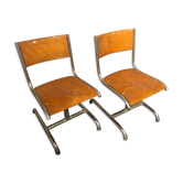 Paire de chaises d' enfant 1940 écolier réglables en métal chromé et bois thermoformé