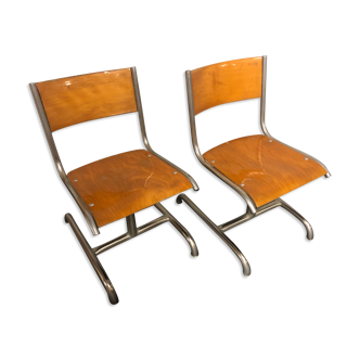 Paire de chaises d' enfant 1940 écolier réglables en métal chromé et bois thermoformé