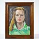 Portrait "La Femme en vert" vintage huile sur carton entoilé encadrement bois