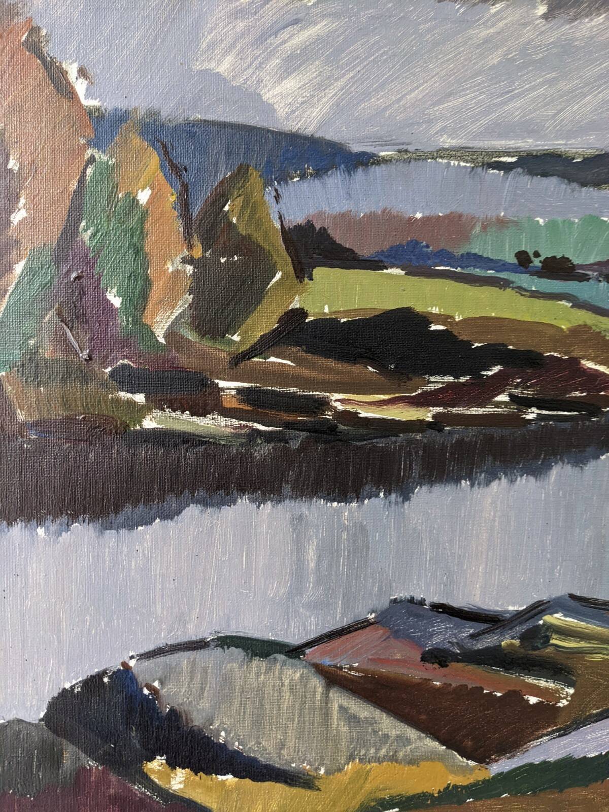 Mid-Century Modern "Meander" Vintage Expressionist River Landscape Oil Painting, Framed