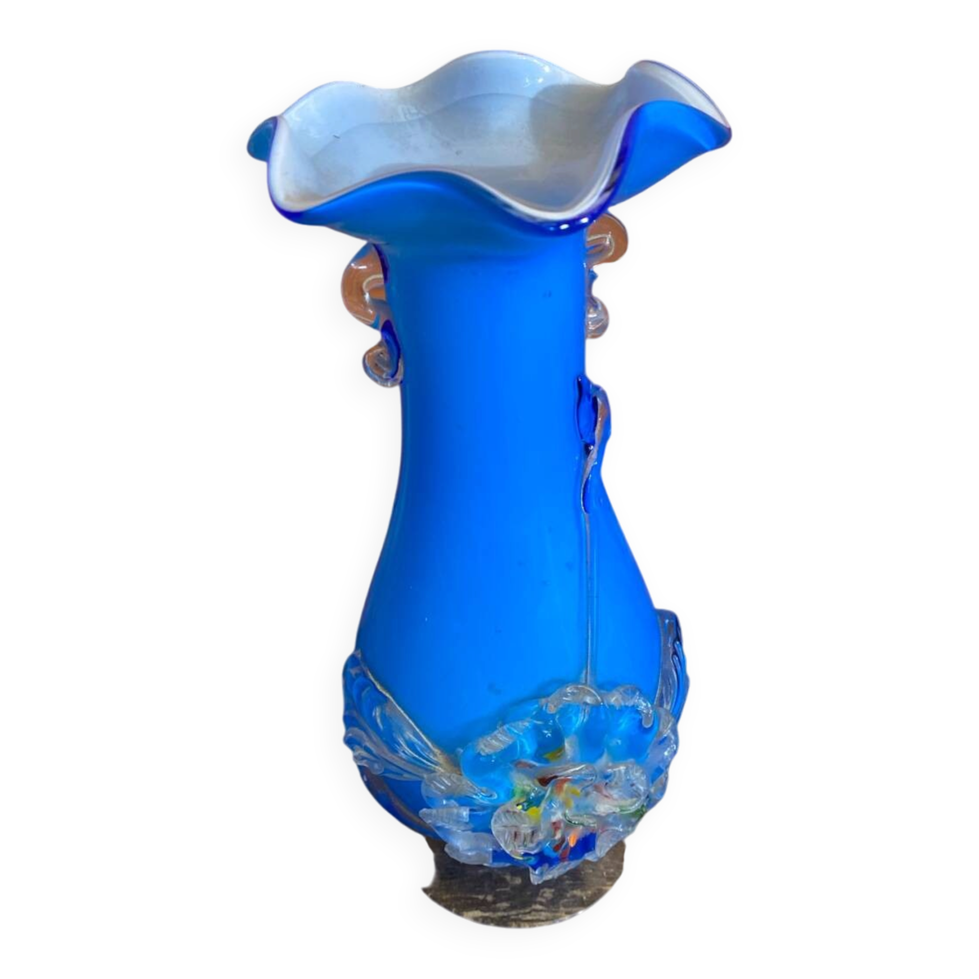 Vintage Murano Glass Vase Blue Flower Decor Blown Italy