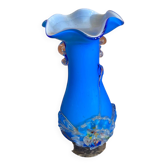 Vase Murano ancien en pâte de verre bleu à décor de fleur soufflé, Italie