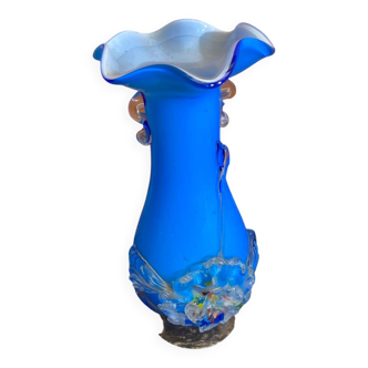 Vintage Murano Glass Vase Blue Flower Decor Blown Italy