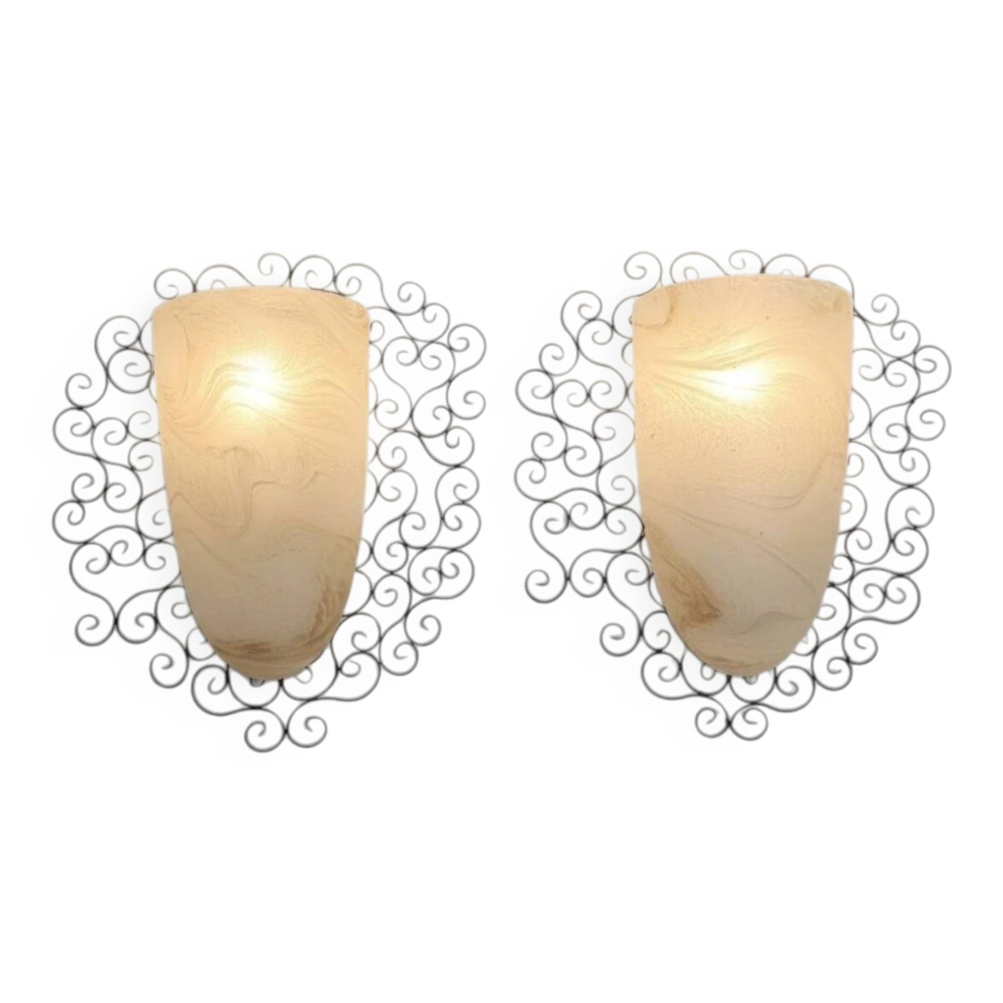 Wrought iron pocket wall sconces featuring a frosted amber glass / metal frame