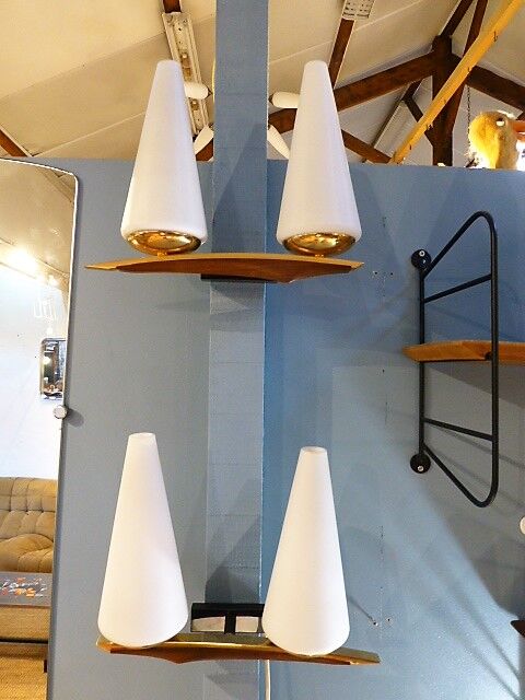 Set of 3 brass and teak Arlus wall light 1960