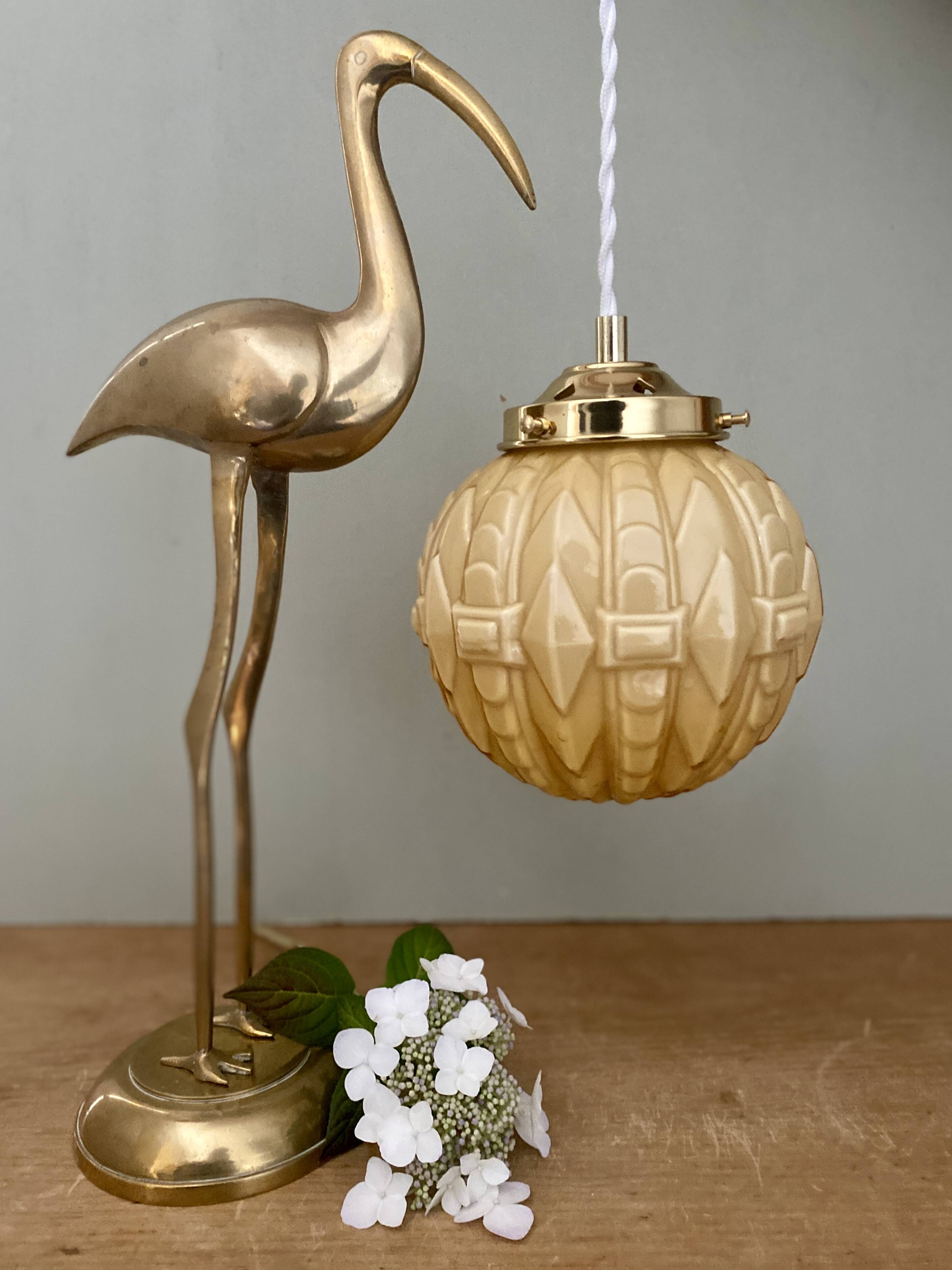 Vintage globe pendant light in pale yellow opaline