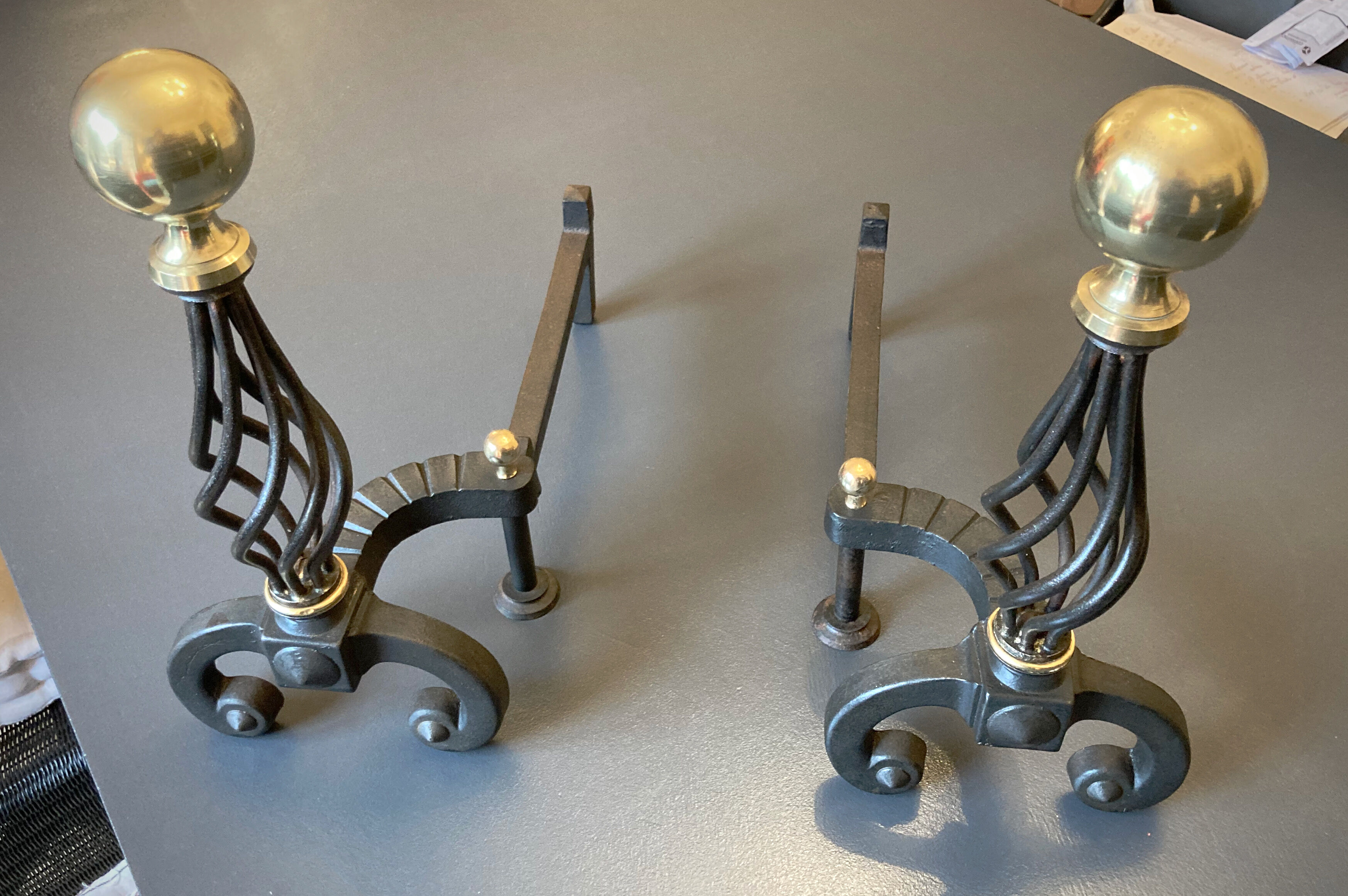 Chenets modernist bronze and cast iron