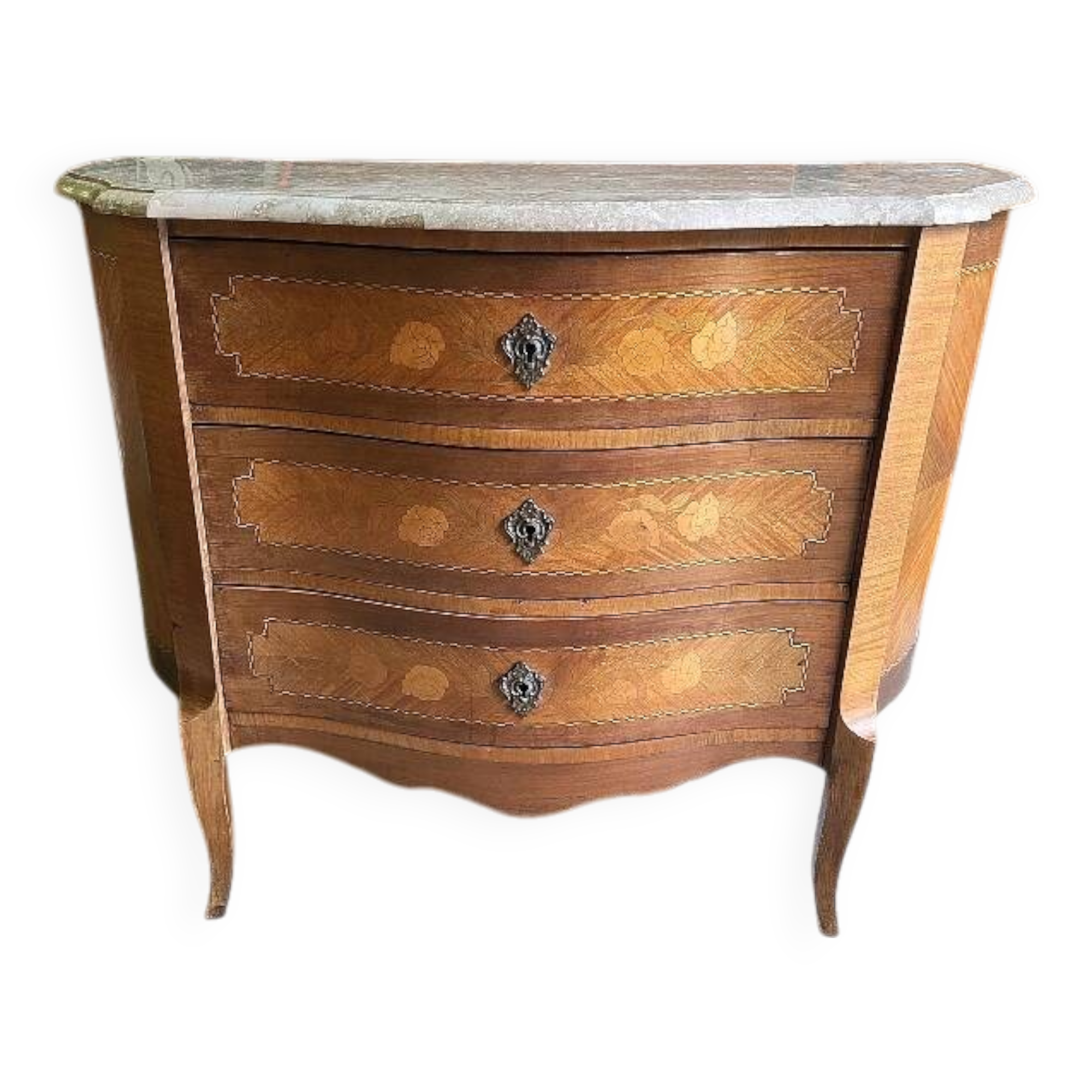 Curved chest of drawers in rosewood and marble marquetry