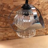 Old atomic age pendant lamp chromed metal & molded glass 70's vintage