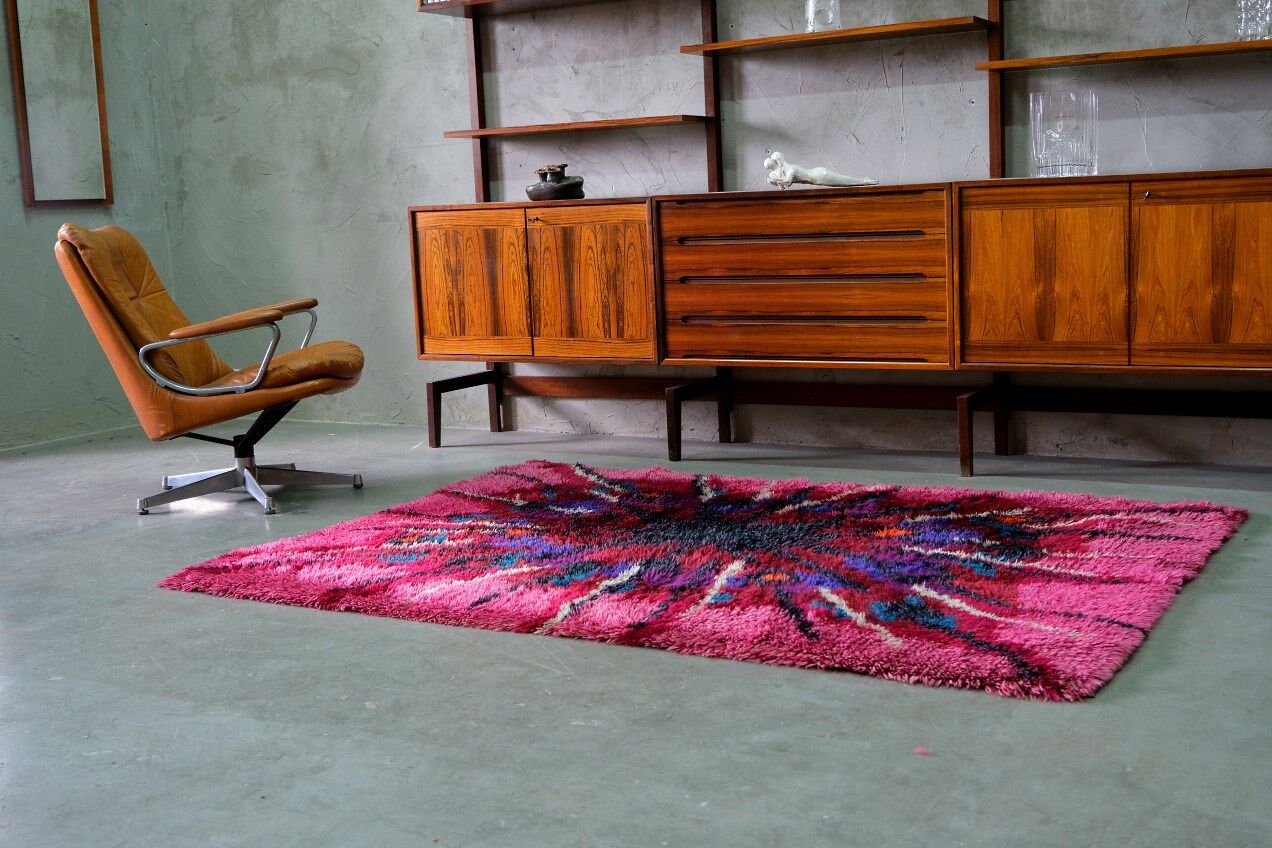 Abstract Scandinavian  Hand-Knotted High Pile Rya Rug Carpet, Sweden, 1960s