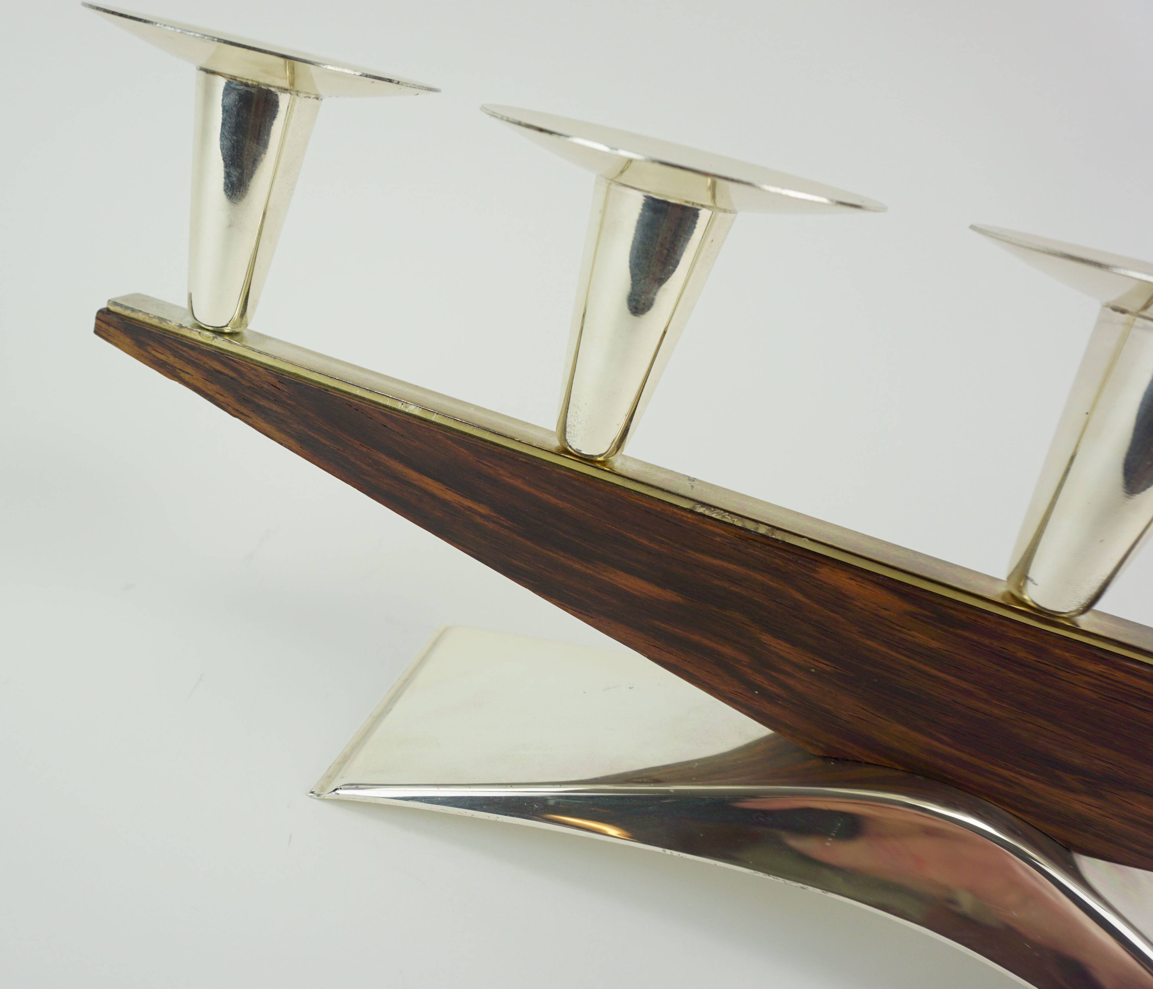 mid century modern CANDLE HOLDER silver-colored metal and wood 1950s 1960s