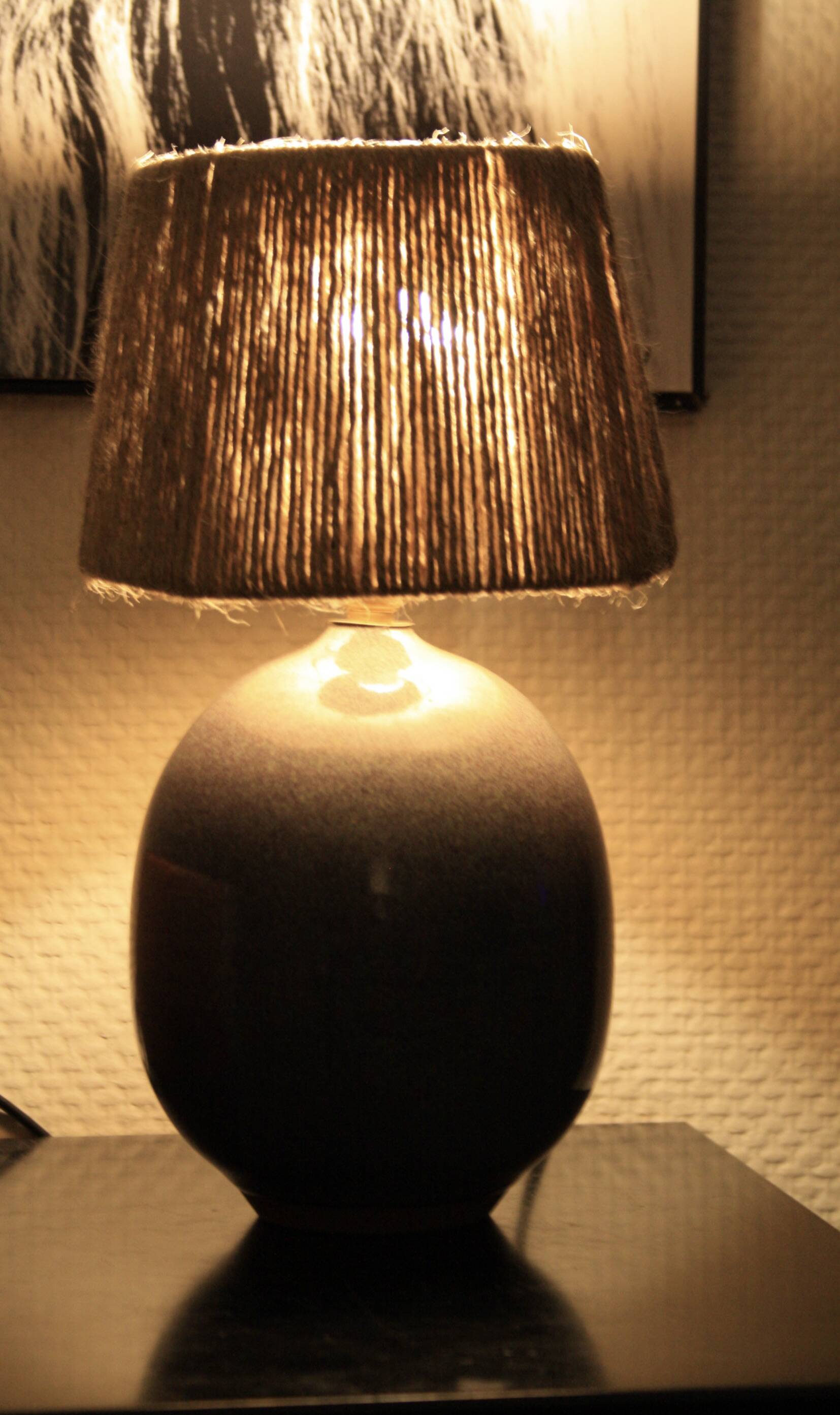 Signed ceramic lamp, rope lampshade