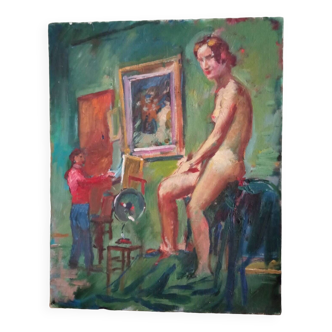 Portrait de peinture à l’huile vintage du milieu du siècle, beau nu assis