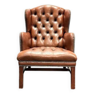 Fauteuil Chesterfield en cuir marron d'origine