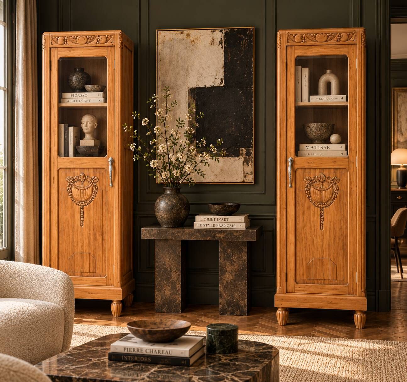 Rare pair of Art Deco glass columns in solid walnut – renovated
