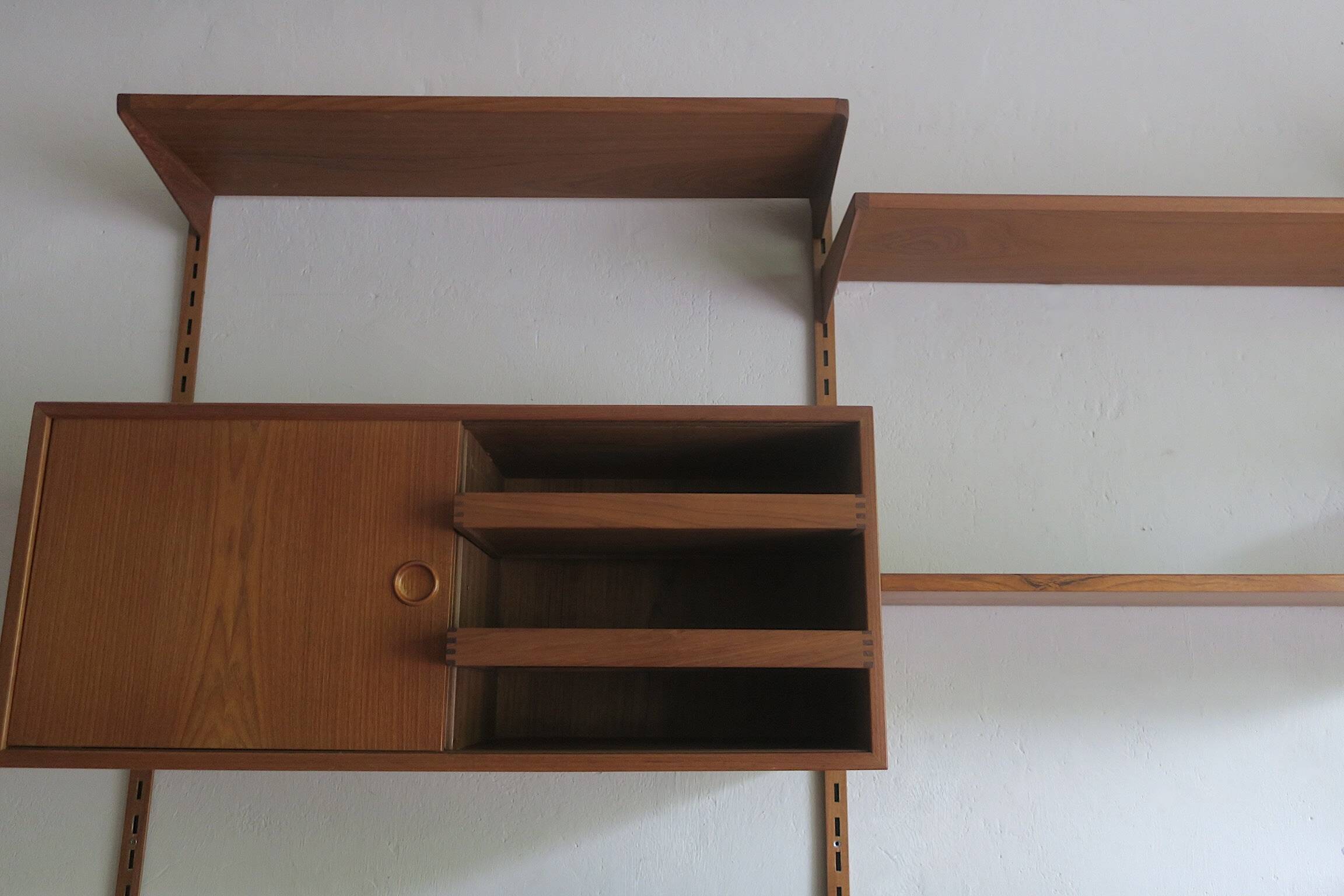 Modular 3-compartment teak wall shelving system with desk and lighting by Kai Kristiansen for FM, Denmark, 1960s