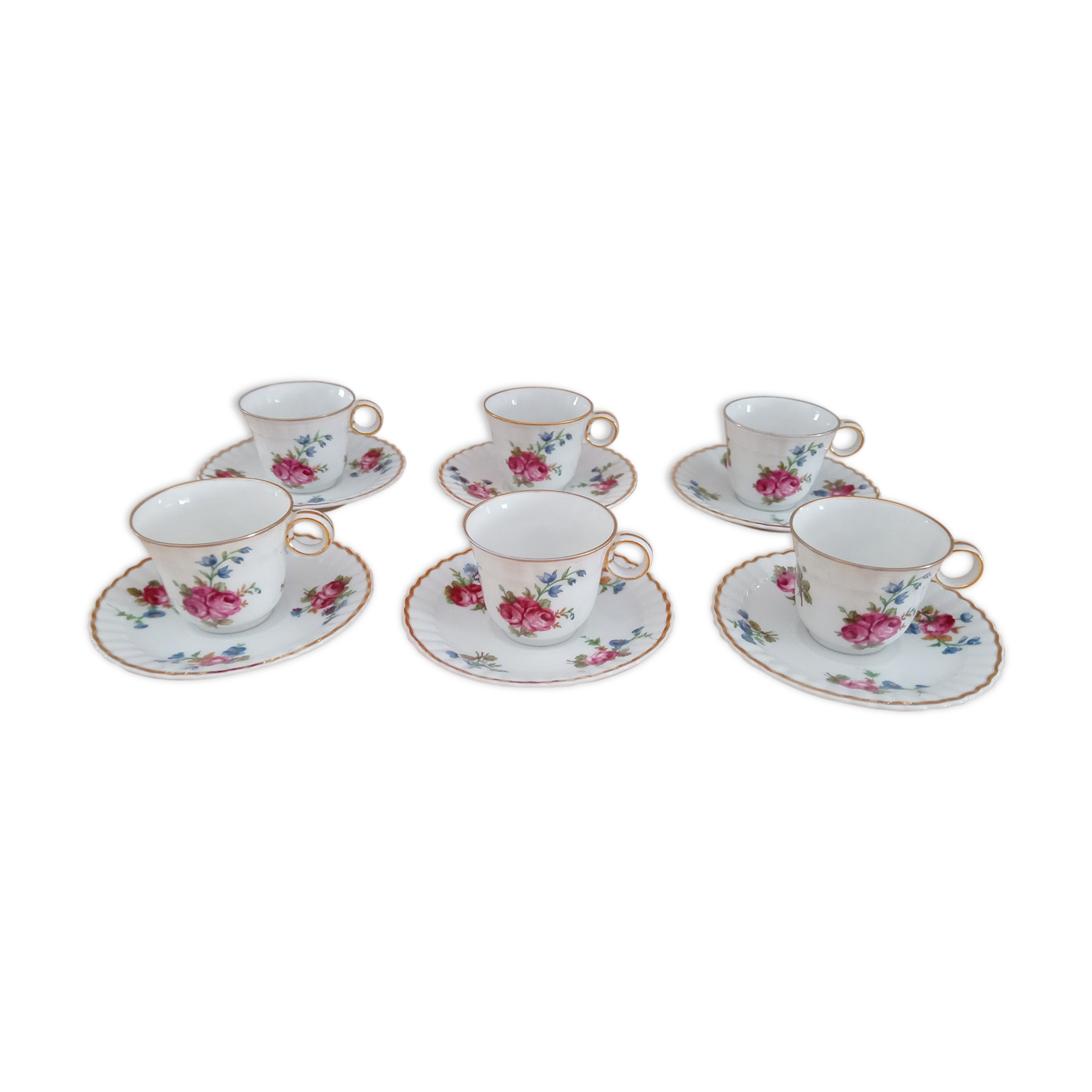 Lot de 6 tasses à café et sous-tasses décor fleuri et liseré doré, porcelaine de Limoges Bernardaud