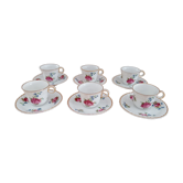 Lot de 6 tasses à café et sous-tasses décor fleuri et liseré doré, porcelaine de Limoges Bernardaud