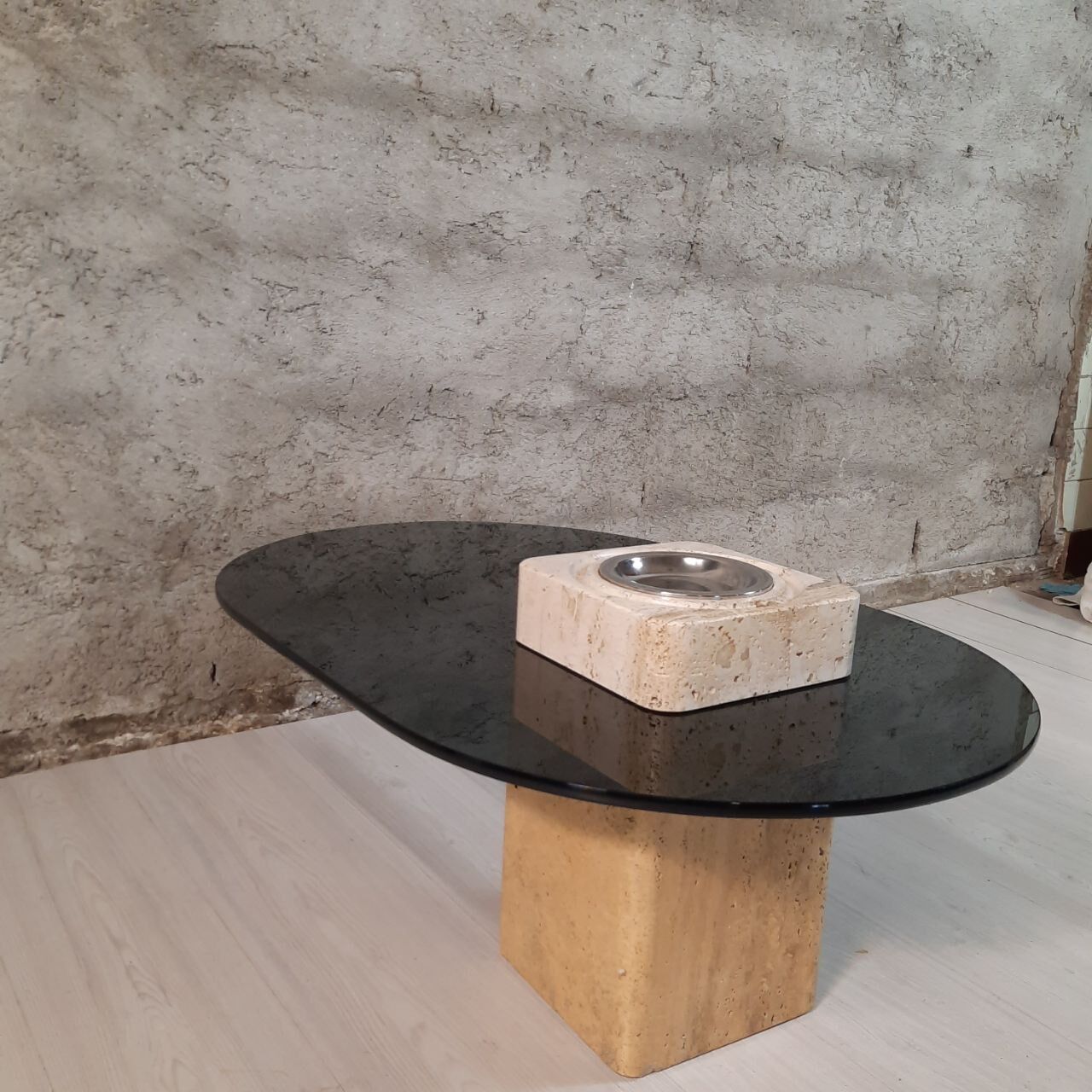 Coffee table with tray - travertine and glass - vintage.