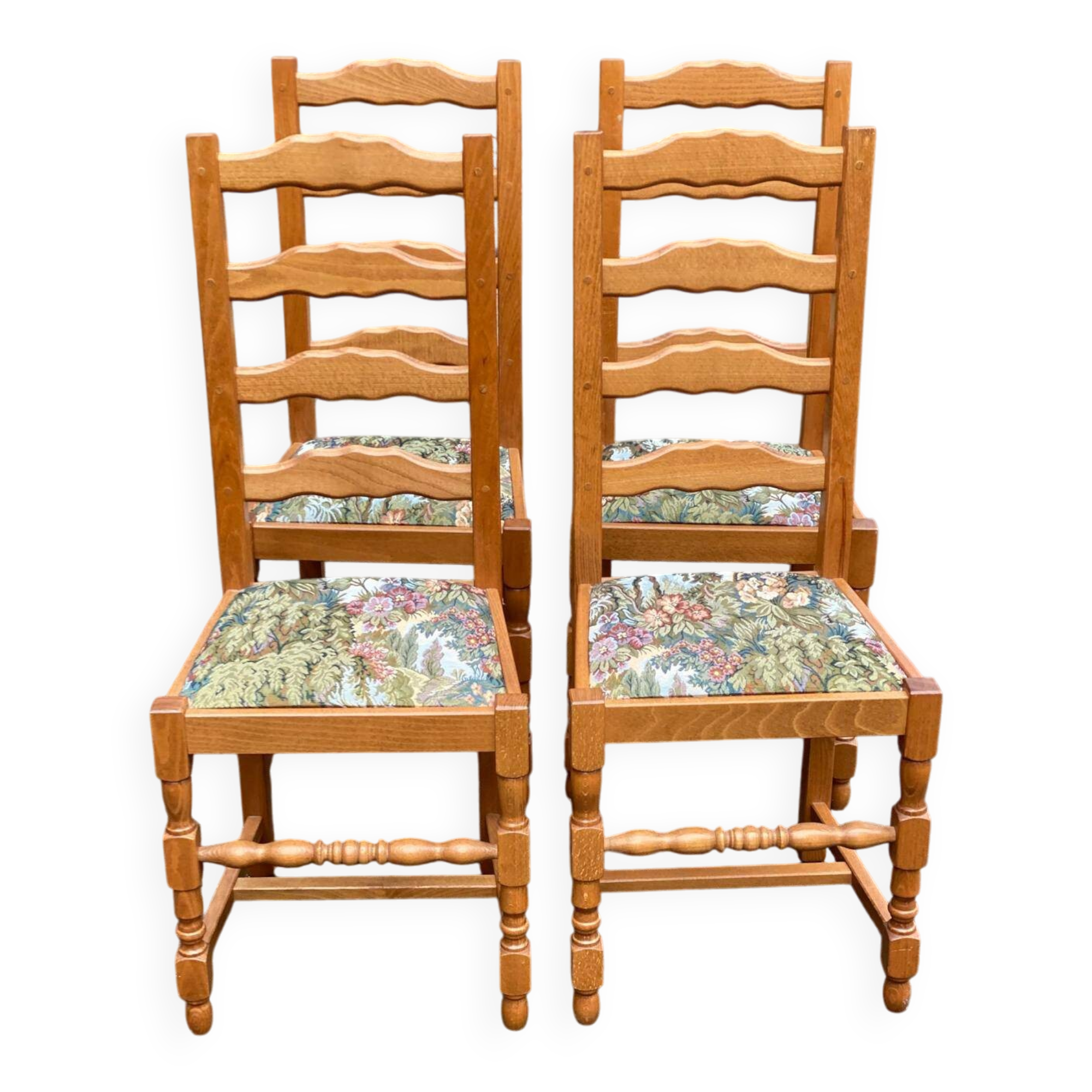 4 solid wood chairs with embroidered fabric