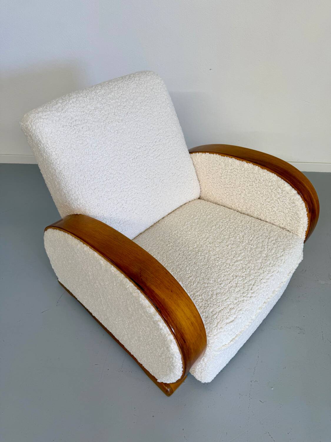 2 antique Art Deco club chairs from the 1930s, bentwood frame, bouclé fabric