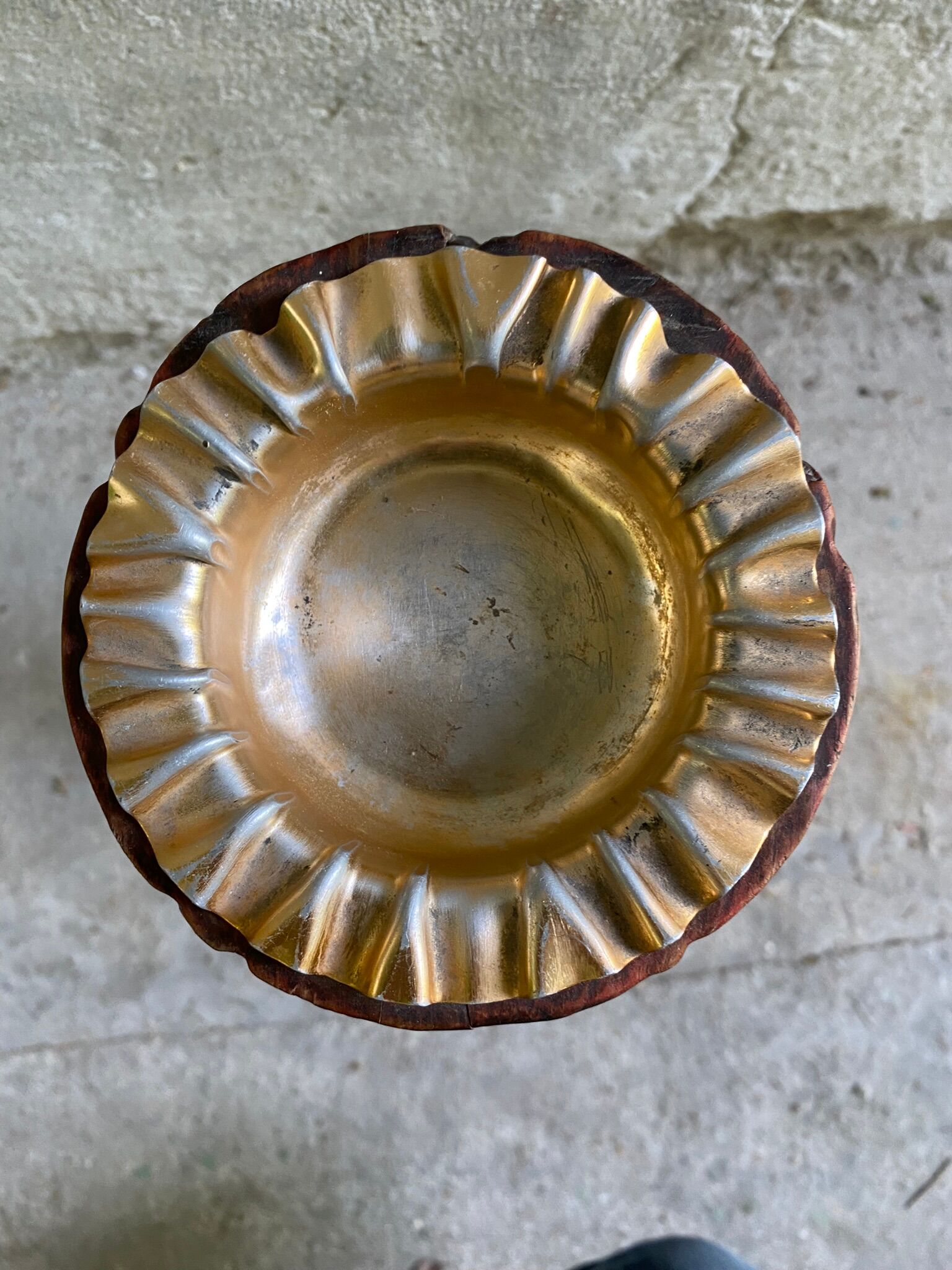 Rustic ashtray carved wood on vintage stand