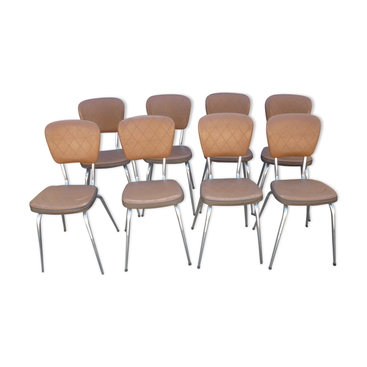 Lot of 8 vintage chairs in brown skai