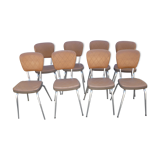 Lot of 8 vintage chairs in brown skai